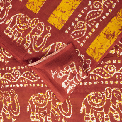 Sanskriti Vintage Sarees Red & Yellow Pure Cotton Batik Printed Sari 5+yd Fabric