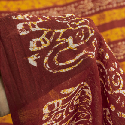 Sanskriti Vintage Sarees Red & Yellow Pure Cotton Batik Printed Sari 5+yd Fabric