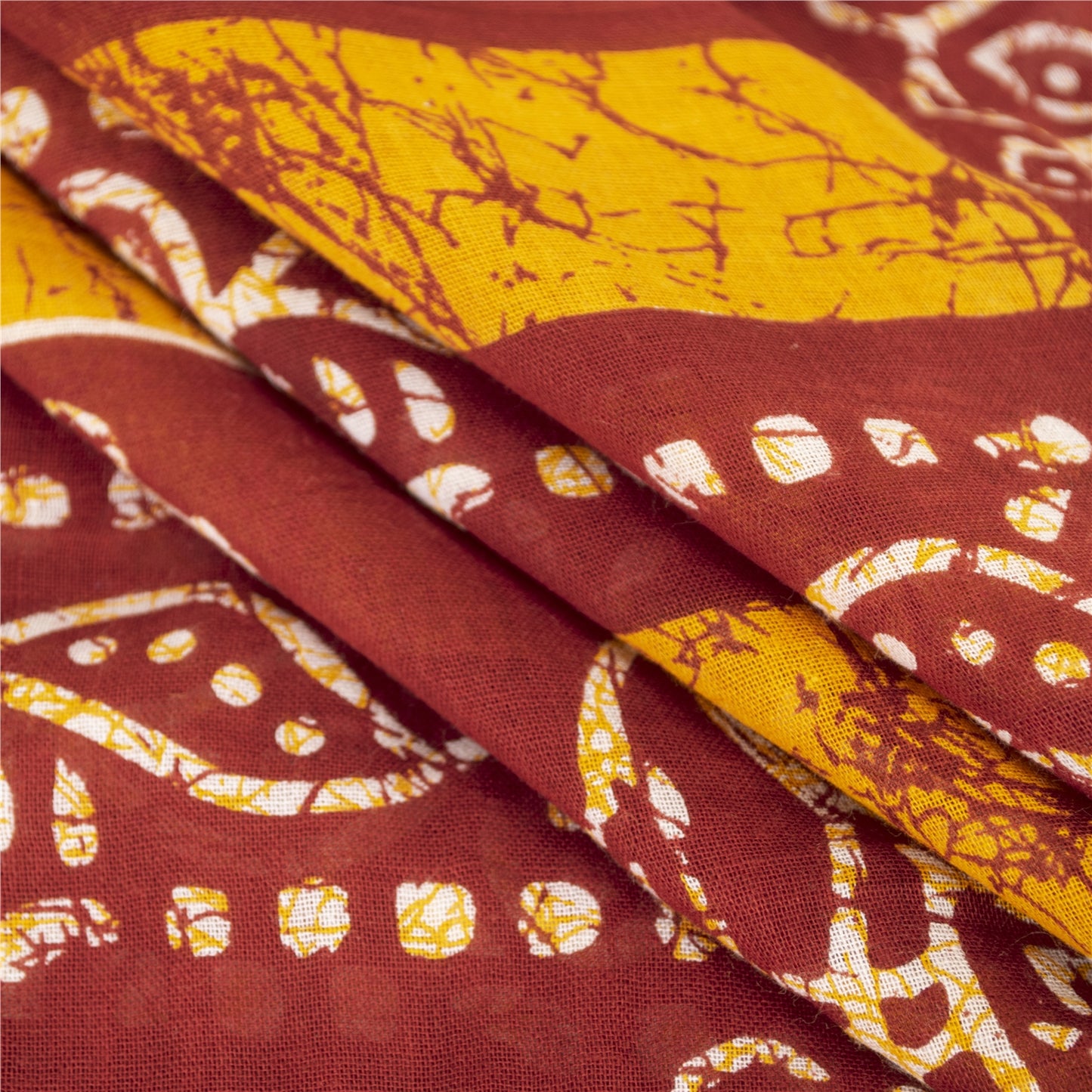 Sanskriti Vintage Sarees Red & Yellow Pure Cotton Batik Printed Sari 5+yd Fabric