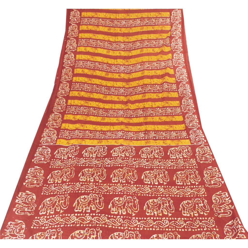 Sanskriti Vintage Sarees Red & Yellow Pure Cotton Batik Printed Sari 5+yd Fabric