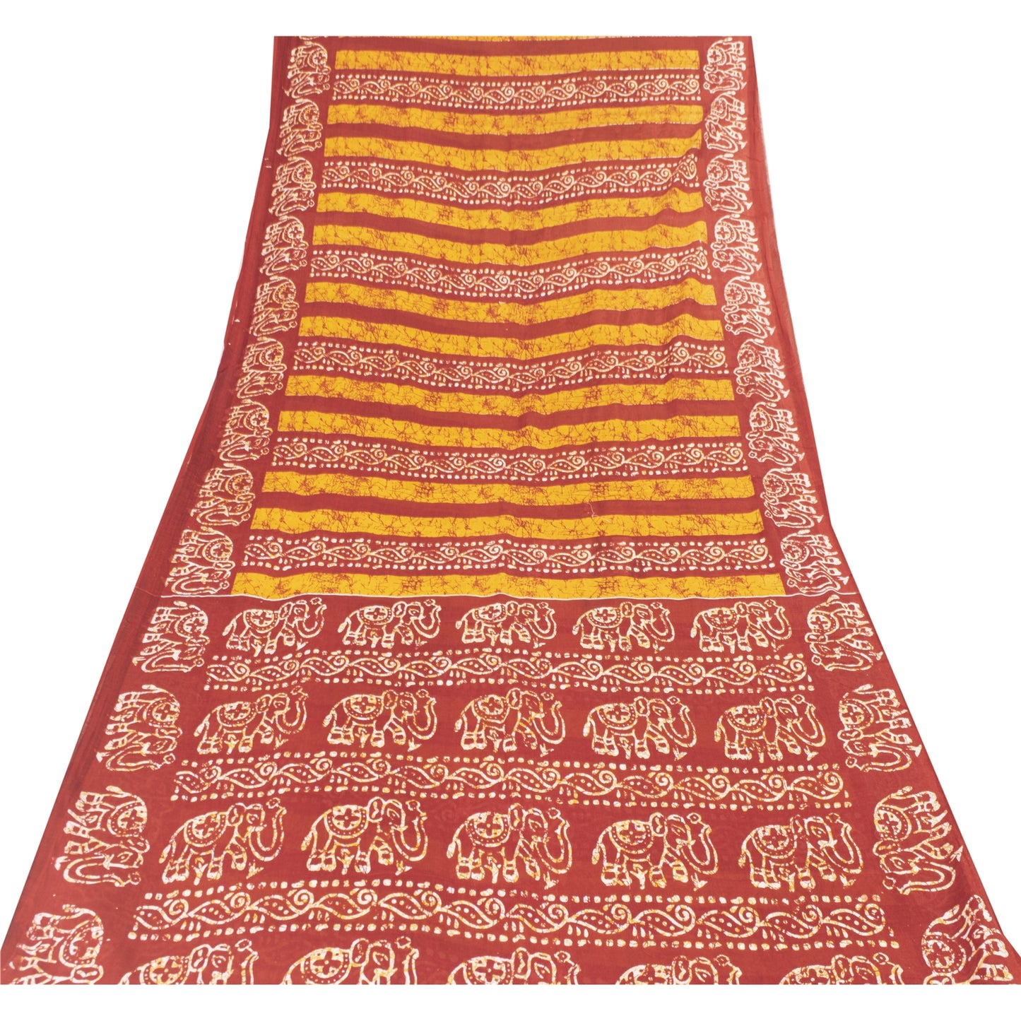 Sanskriti Vintage Sarees Red & Yellow Pure Cotton Batik Printed Sari 5+yd Fabric
