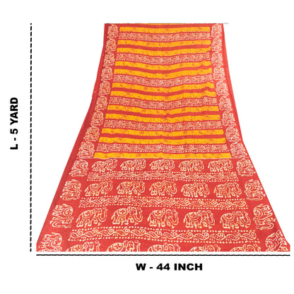 Sanskriti Vintage Sarees Red & Yellow Pure Cotton Batik Printed Sari 5+yd Fabric