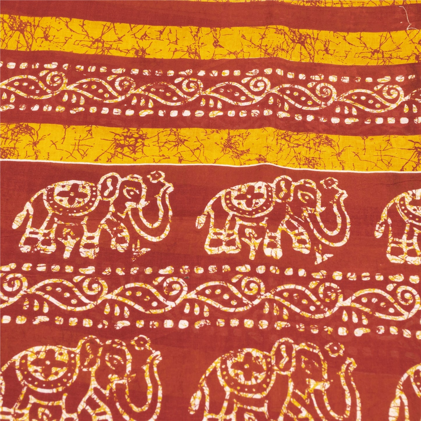 Sanskriti Vintage Sarees Red & Yellow Pure Cotton Batik Printed Sari 5+yd Fabric