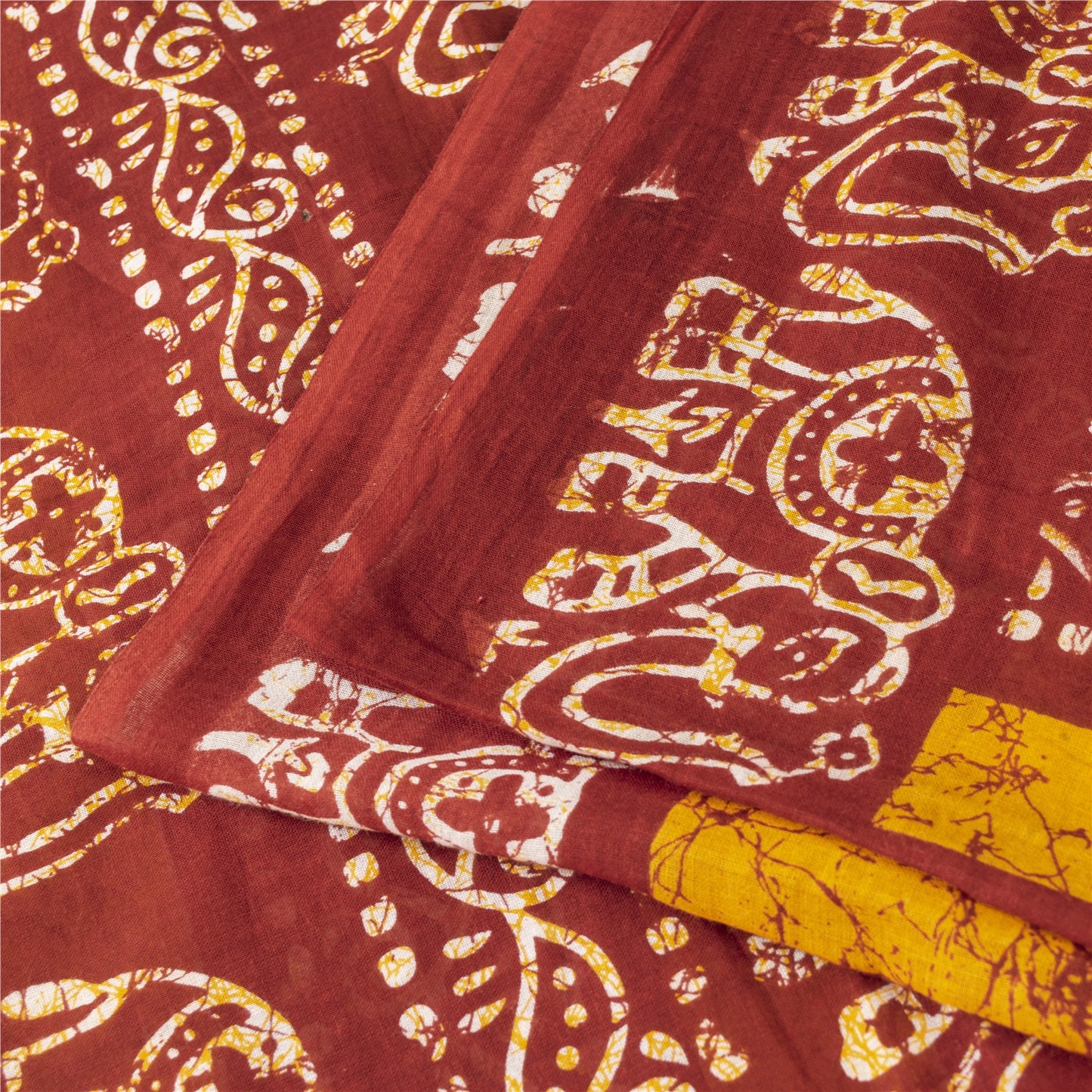 Sanskriti Vintage Sarees Red & Yellow Pure Cotton Batik Printed Sari 5+yd Fabric