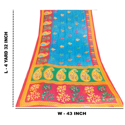 Sanskriti Vintage Sarees Indian Blue Pure Cotton Printed Sari 5+yd Craft Fabric