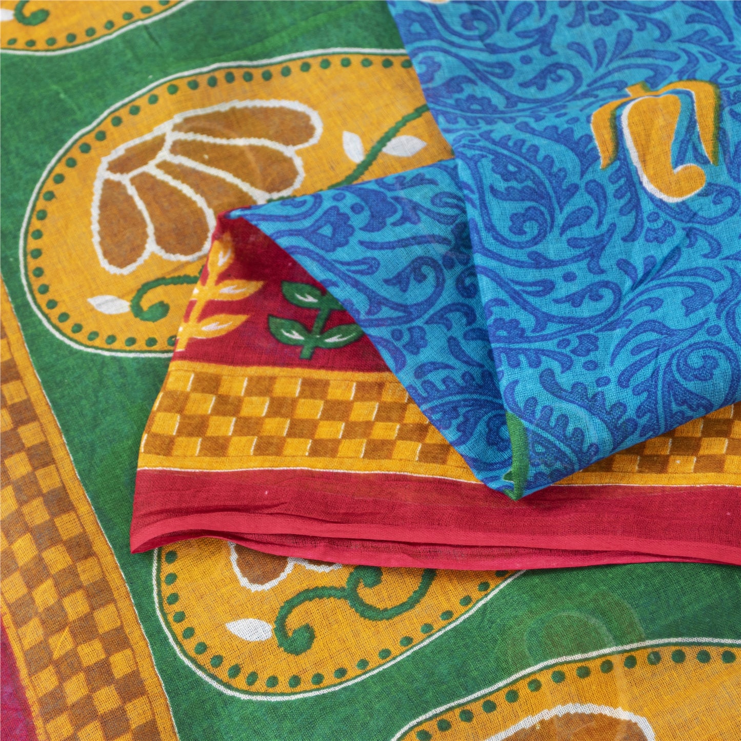 Sanskriti Vintage Sarees Indian Blue Pure Cotton Printed Sari 5+yd Craft Fabric