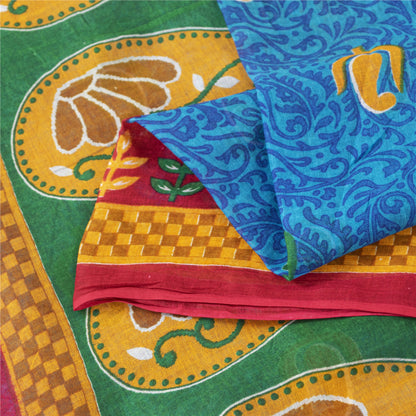Sanskriti Vintage Sarees Indian Blue Pure Cotton Printed Sari 5+yd Craft Fabric