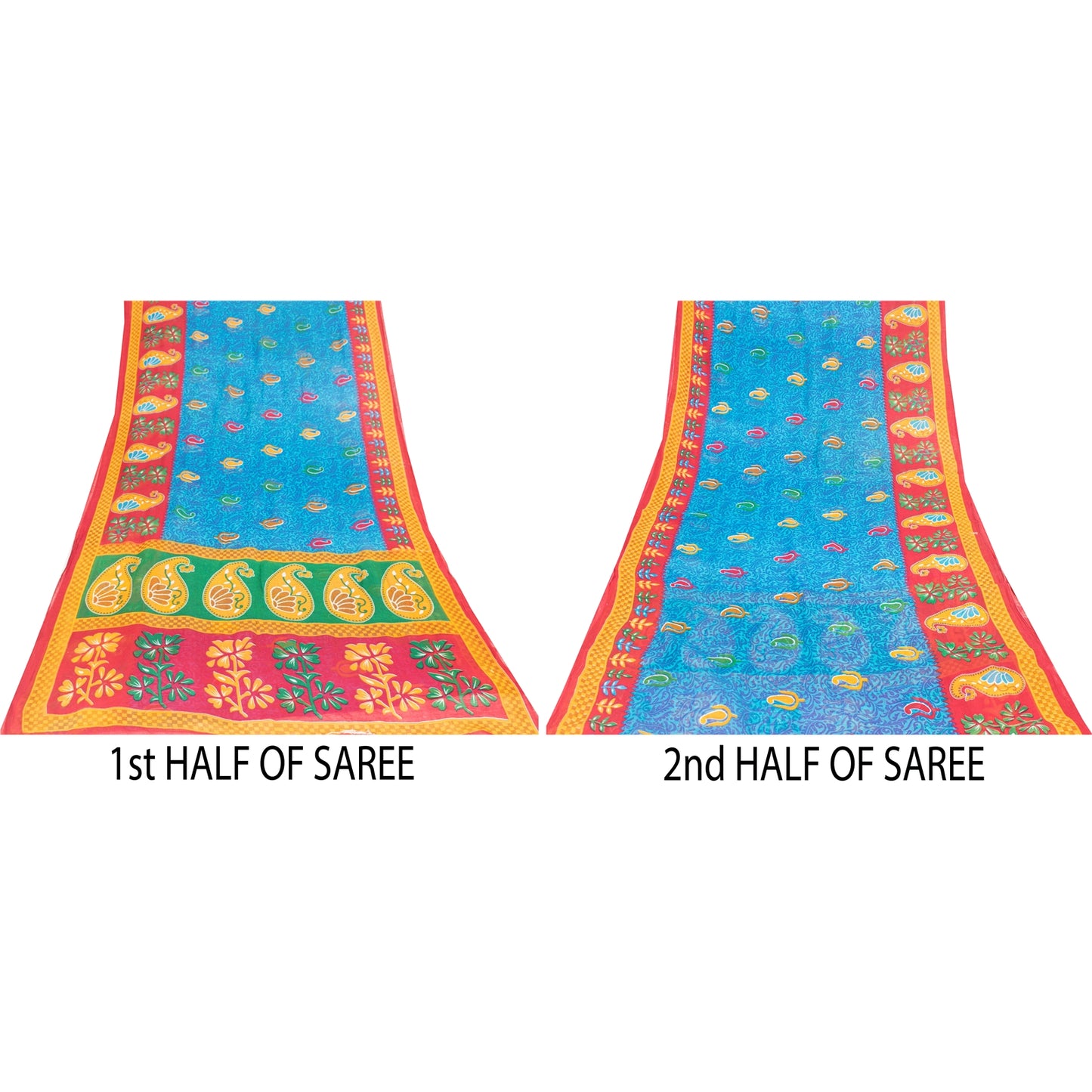 Sanskriti Vintage Sarees Indian Blue Pure Cotton Printed Sari 5+yd Craft Fabric