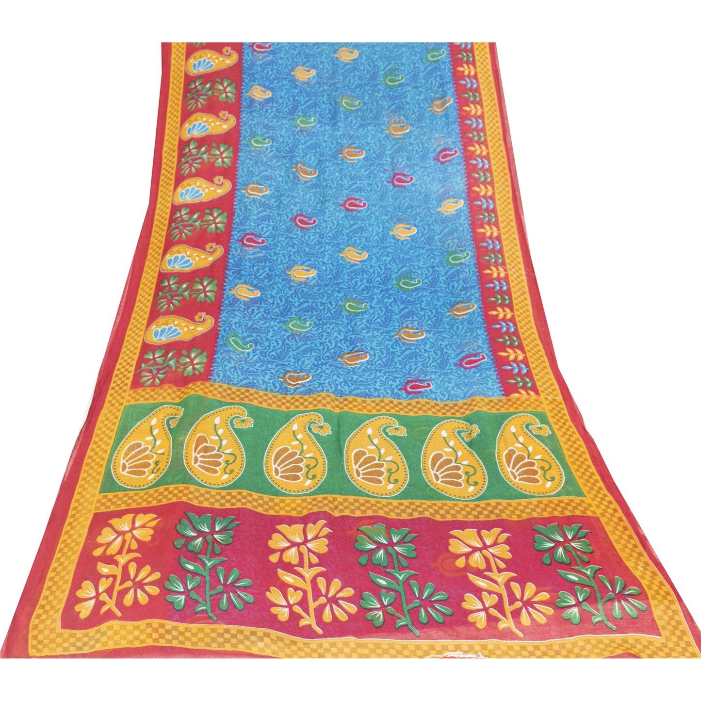 Sanskriti Vintage Sarees Indian Blue Pure Cotton Printed Sari 5+yd Craft Fabric