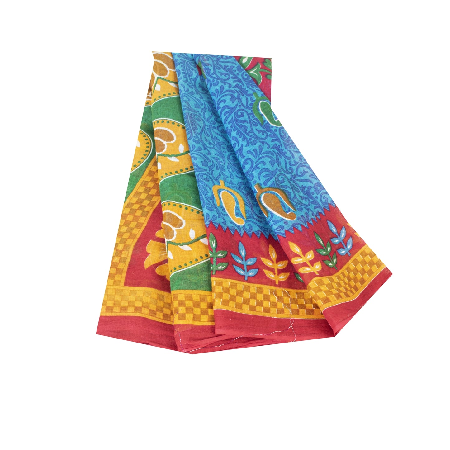 Sanskriti Vintage Sarees Indian Blue Pure Cotton Printed Sari 5+yd Craft Fabric