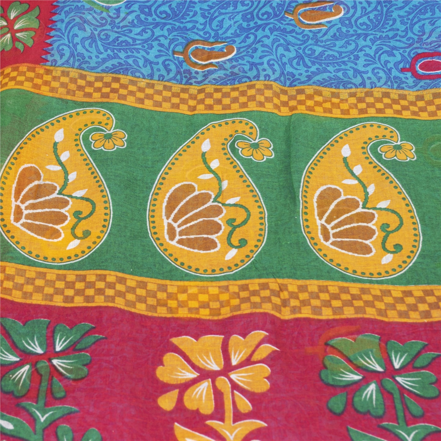 Sanskriti Vintage Sarees Indian Blue Pure Cotton Printed Sari 5+yd Craft Fabric