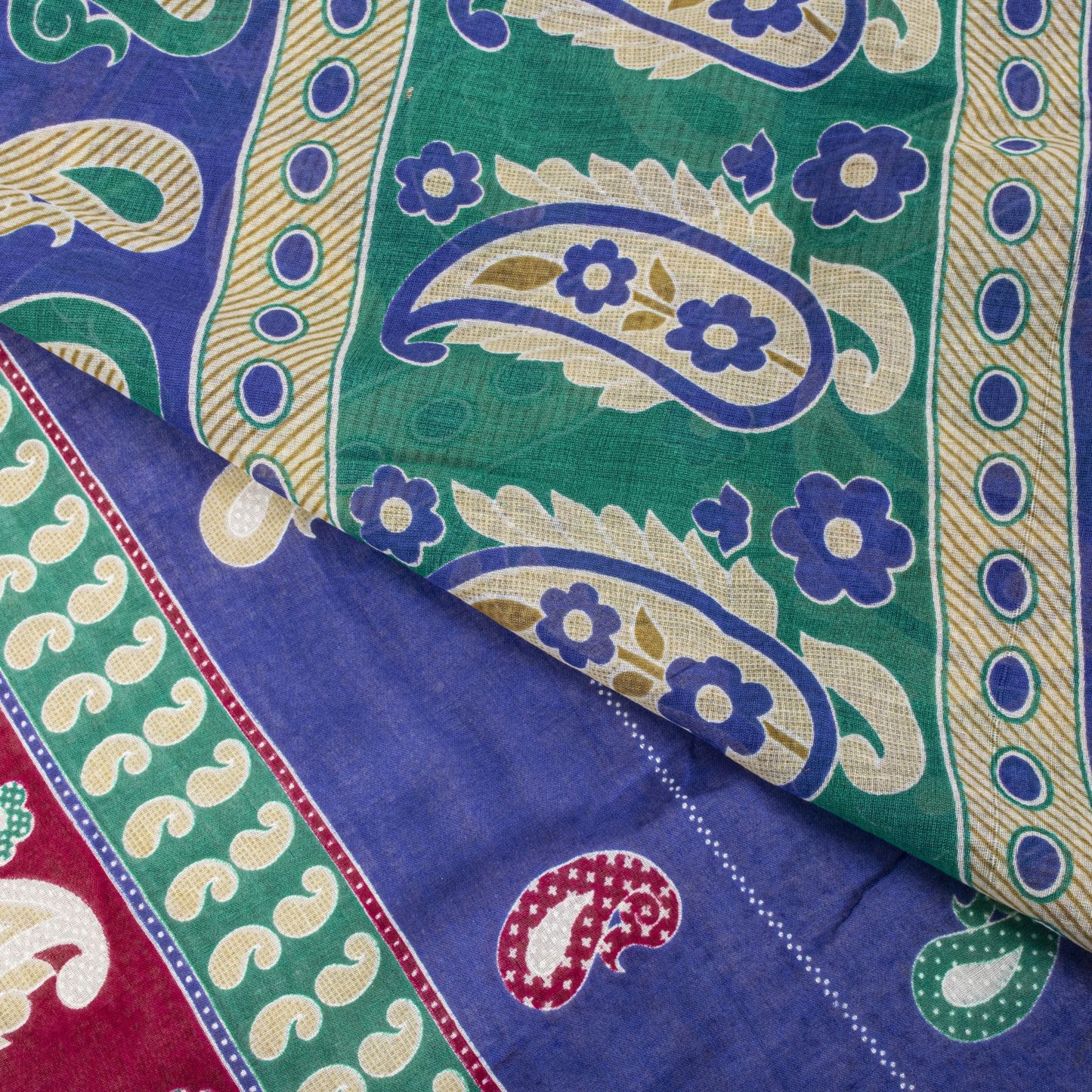 Sanskriti Vintage Saree Blue Pure Cotton Paisley Printed Sari 5YD Craft Fabric