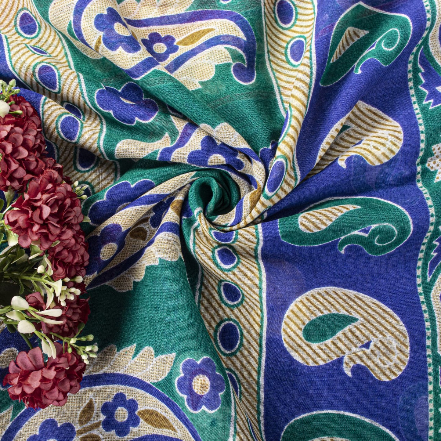 Sanskriti Vintage Saree Blue Pure Cotton Paisley Printed Sari 5YD Craft Fabric