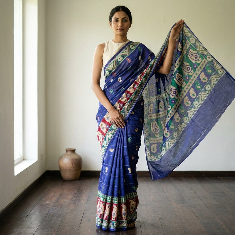 Sanskriti Vintage Saree Blue 100% Pure Cotton Paisley Printed Sari 5YD Craft Sewing Fabric