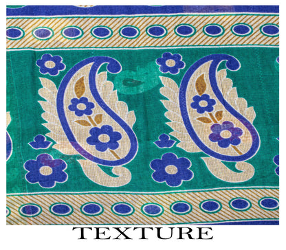 Sanskriti Vintage Saree Blue Pure Cotton Paisley Printed Sari 5YD Craft Fabric
