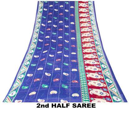 Sanskriti Vintage Saree Blue Pure Cotton Paisley Printed Sari 5YD Craft Fabric