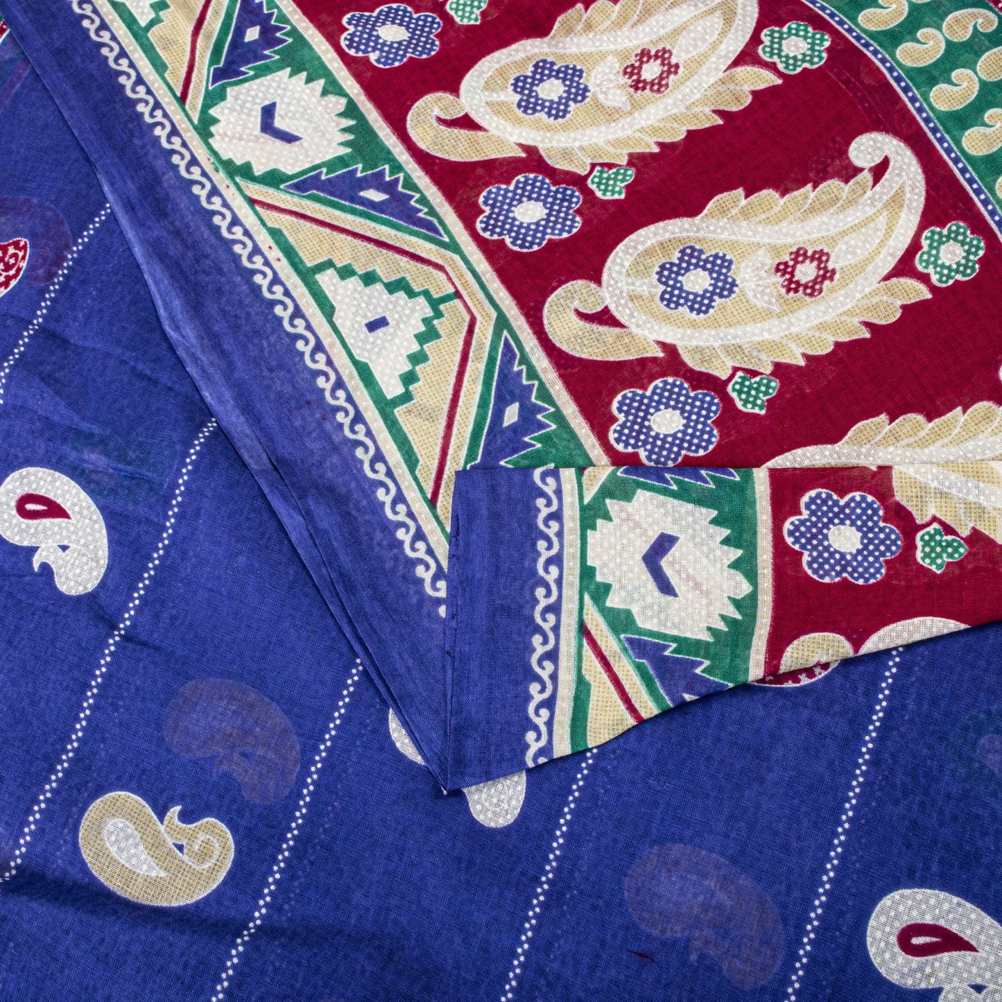 Sanskriti Vintage Saree Blue Pure Cotton Paisley Printed Sari 5YD Craft Fabric