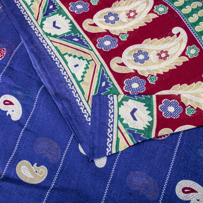 Sanskriti Vintage Saree Blue Pure Cotton Paisley Printed Sari 5YD Craft Fabric