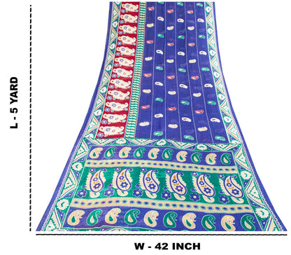 Sanskriti Vintage Saree Blue 100% Pure Cotton Paisley Printed Sari 5YD Craft Sewing Fabric