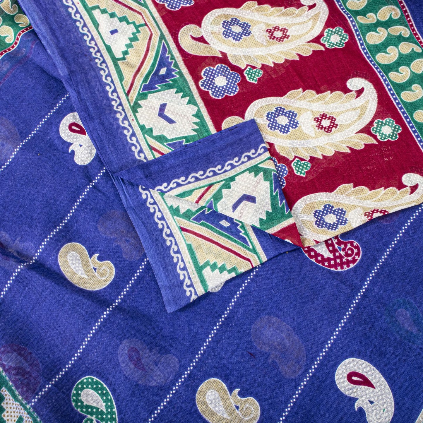 Sanskriti Vintage Saree Blue Pure Cotton Paisley Printed Sari 5YD Craft Fabric