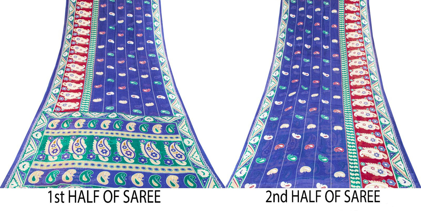 Sanskriti Vintage Saree Blue Pure Cotton Paisley Printed Sari 5YD Craft Fabric