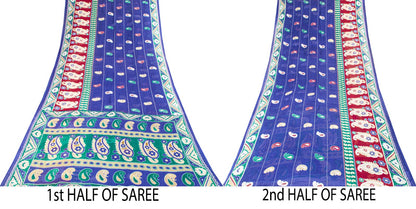 Sanskriti Vintage Saree Blue Pure Cotton Paisley Printed Sari 5YD Craft Fabric