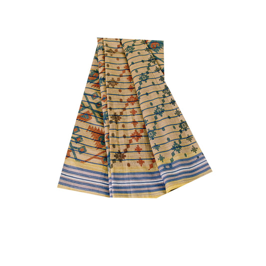 Sanskriti Vintage Sarees Ivory Pure Cotton Jamdani Print Sari 5+yd Craft Fabric