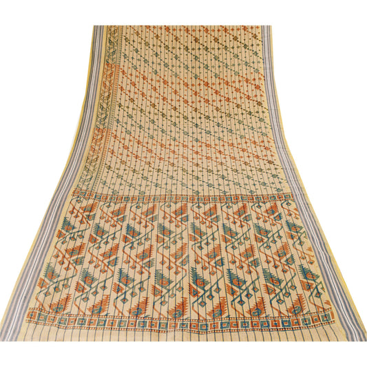 Sanskriti Vintage Sarees Ivory Pure Cotton Jamdani Print Sari 5+yd Craft Fabric