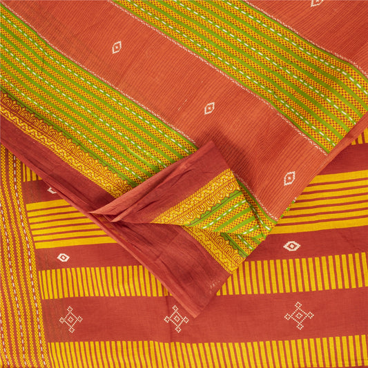 Sanskriti Vintage Sarees Indian Peach Pure Cotton Printed Sari 5+yd Craft Fabric