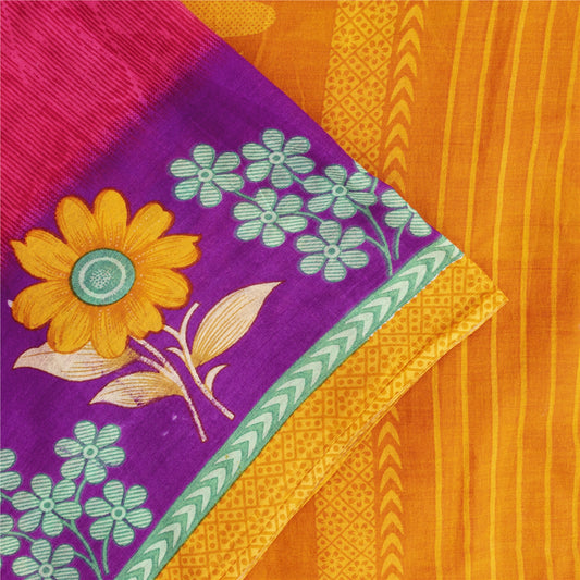 Sanskriti Vintage Sarees Pink & Yellow Pure Cotton Print Sari 5+yd Craft Fabric