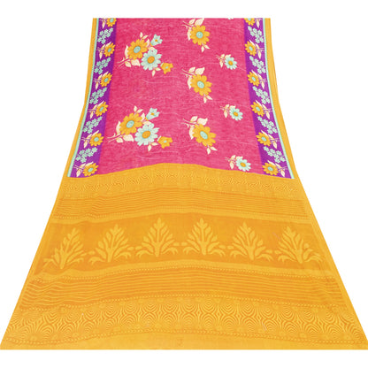 Sanskriti Vintage Sarees Pink & Yellow Pure Cotton Print Sari 5+yd Craft Fabric