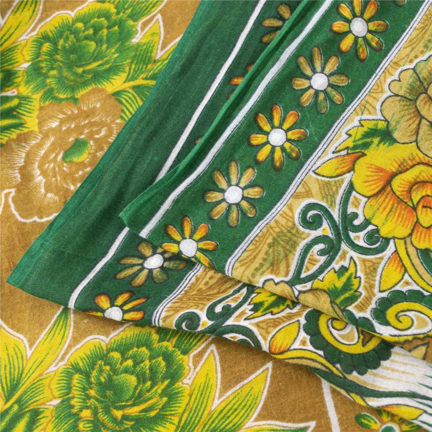 Sanskriti Vintage Sarees Indian Green Pure Cotton Printed Sari 5+yd Craft Fabric