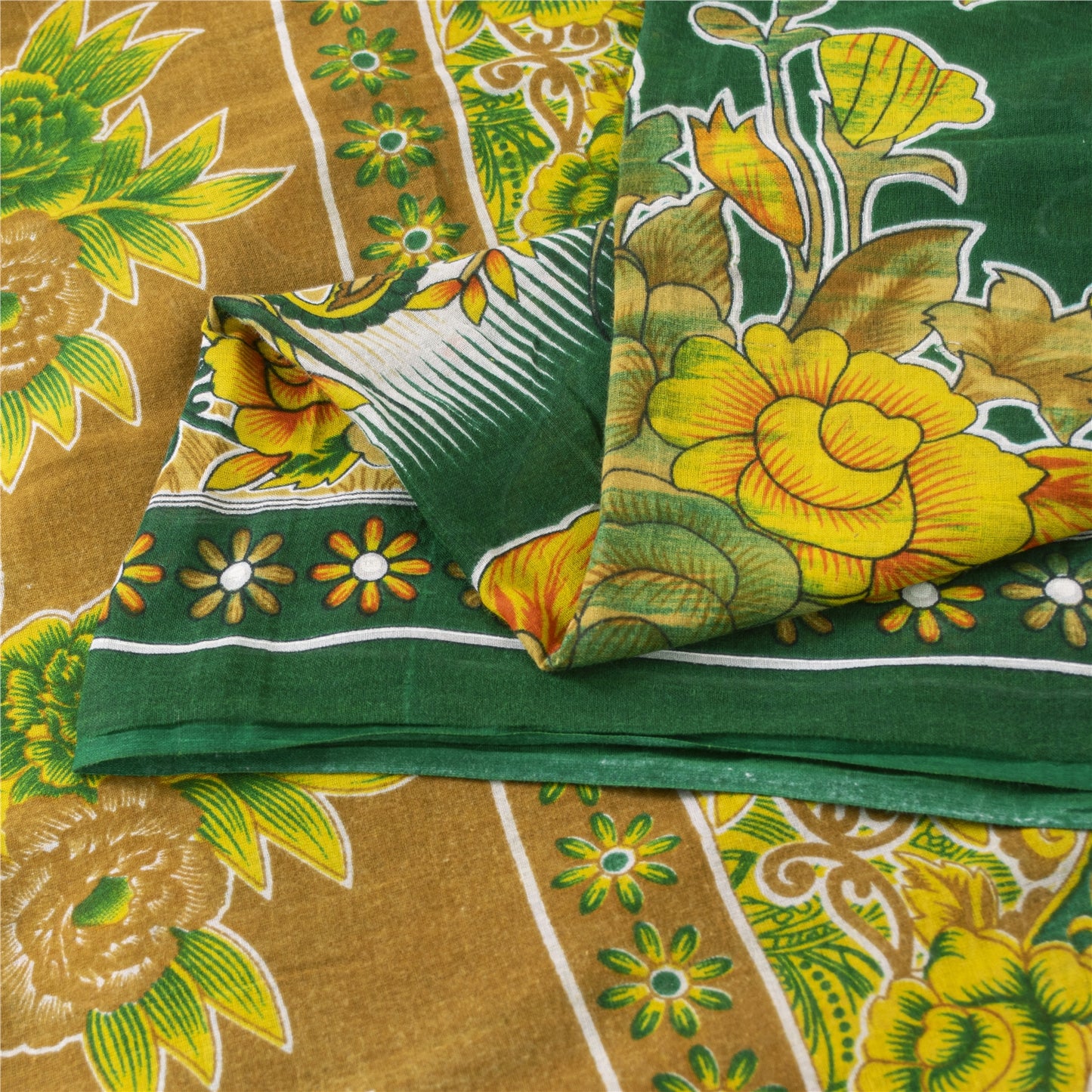 Sanskriti Vintage Sarees Indian Green Pure Cotton Printed Sari 5+yd Craft Fabric