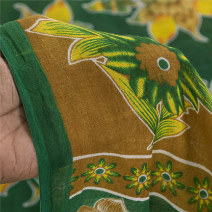 Sanskriti Vintage Sarees Indian Green Pure Cotton Printed Sari 5+yd Craft Fabric