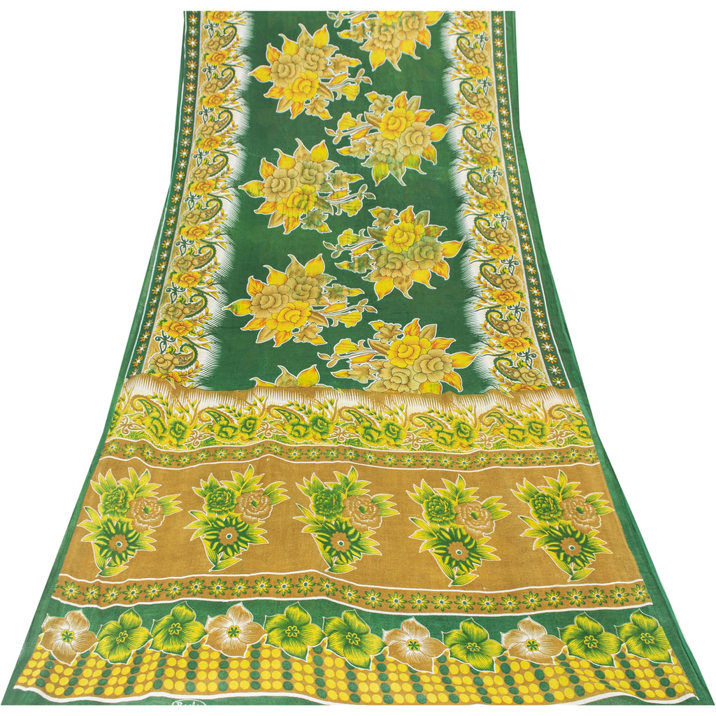 Sanskriti Vintage Sarees Indian Green Pure Cotton Printed Sari 5+yd Craft Fabric