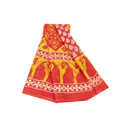 Sanskriti Vintage Sarees Indian Yellow & Red Pure Cotton Print Sari Craft Fabric