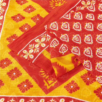Sanskriti Vintage Sarees Indian Yellow & Red Pure Cotton Print Sari Craft Fabric