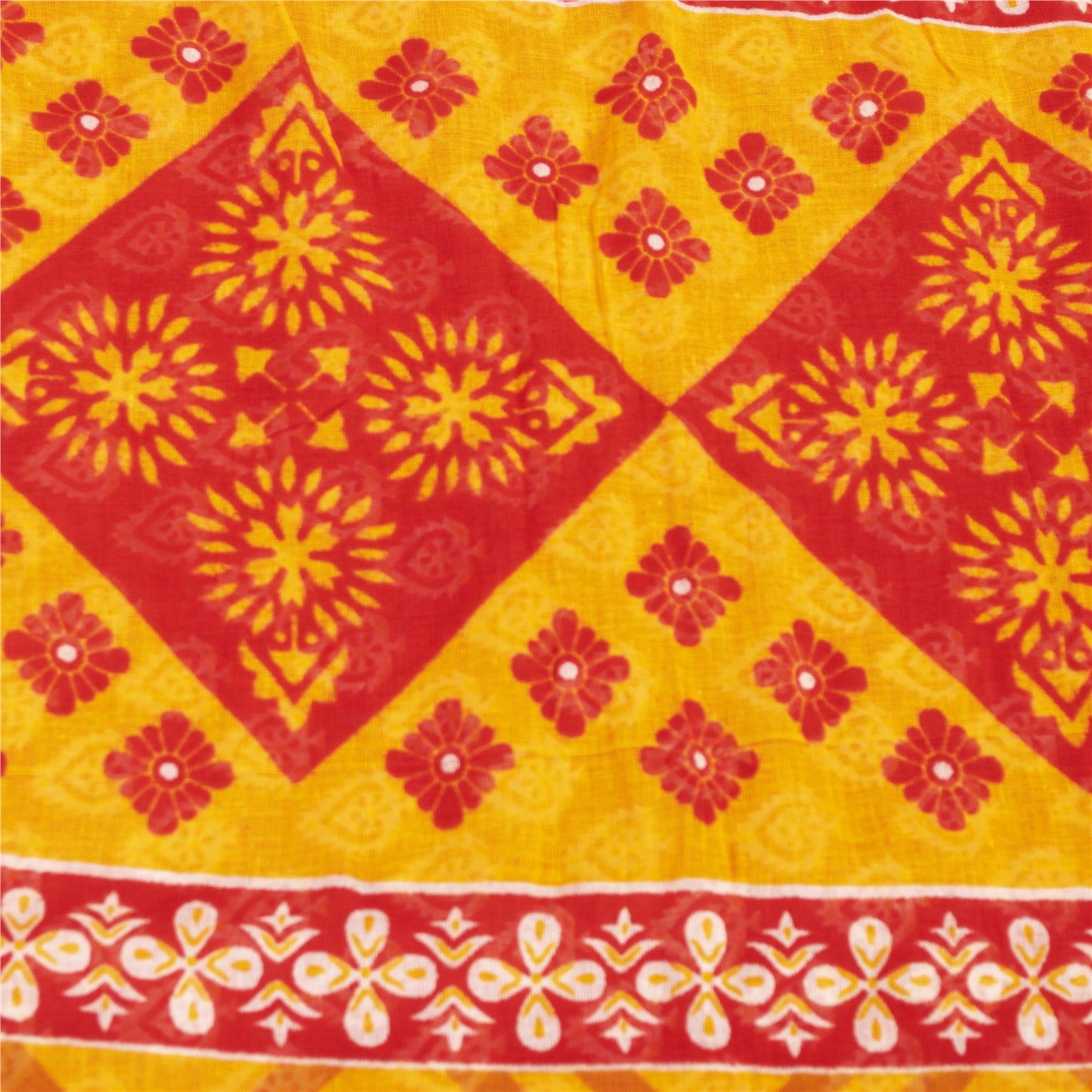Sanskriti Vintage Sarees Indian Yellow & Red Pure Cotton Print Sari Craft Fabric