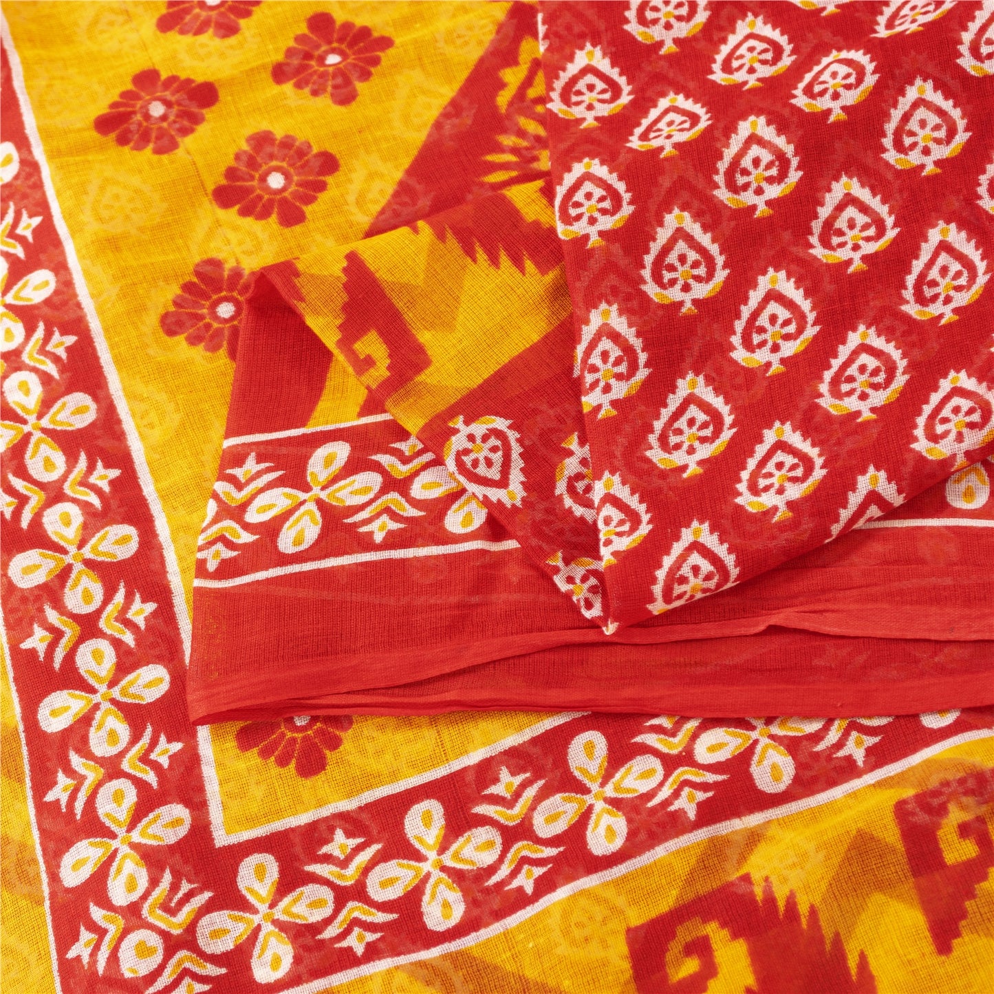 Sanskriti Vintage Sarees Indian Yellow & Red Pure Cotton Print Sari Craft Fabric