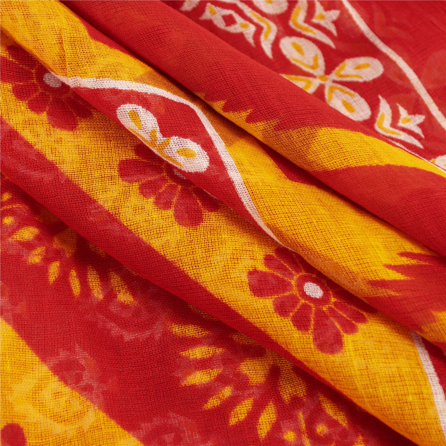 Sanskriti Vintage Sarees Indian Yellow & Red Pure Cotton Print Sari Craft Fabric