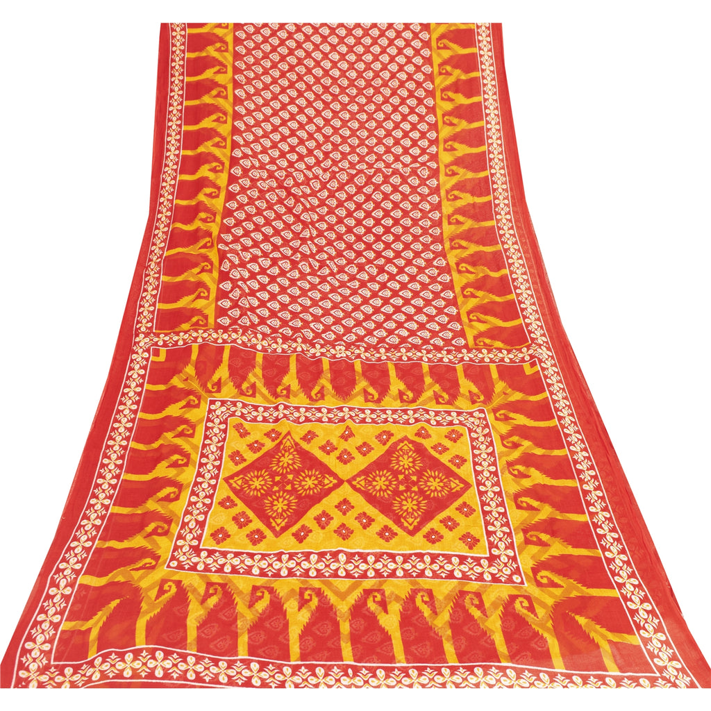 Sanskriti Vintage Sarees Indian Yellow & Red Pure Cotton Print Sari Craft Fabric