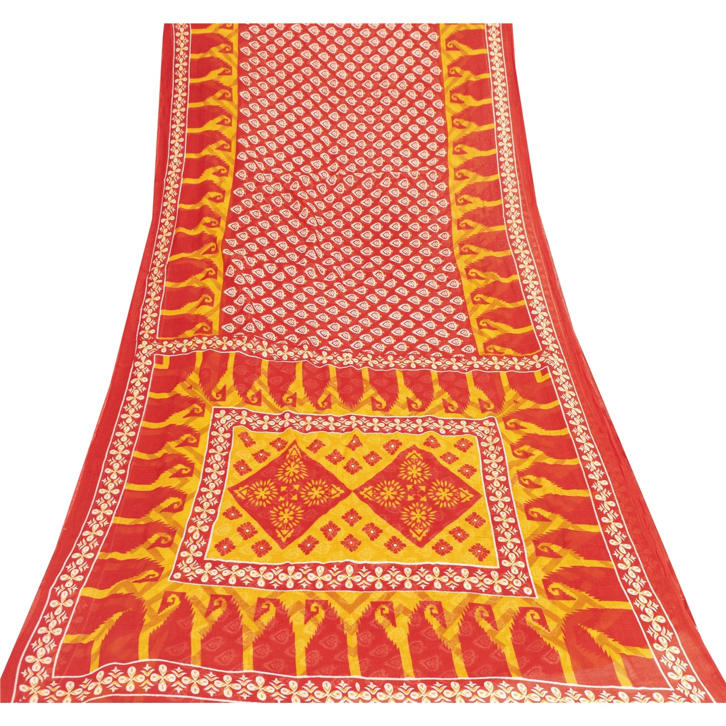 Sanskriti Vintage Sarees Indian Yellow & Red Pure Cotton Print Sari Craft Fabric