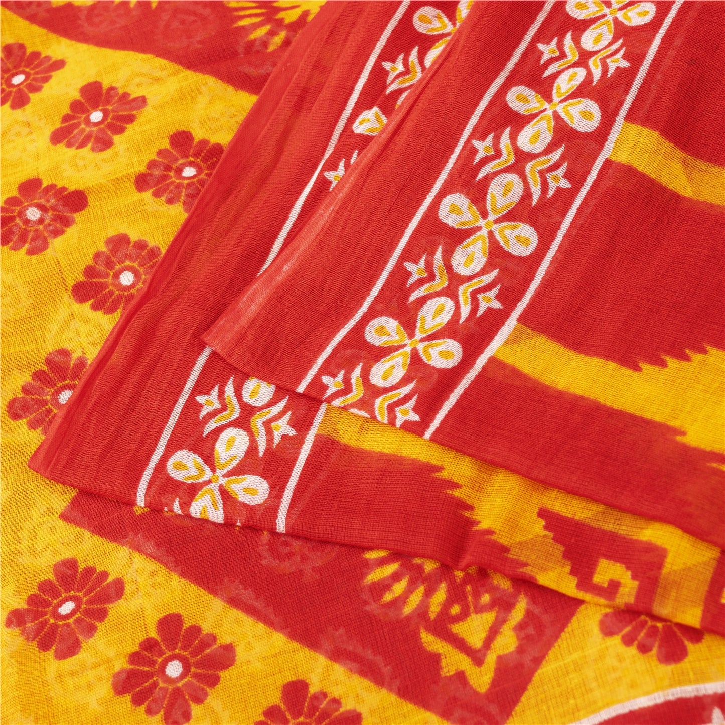 Sanskriti Vintage Sarees Indian Yellow & Red Pure Cotton Print Sari Craft Fabric