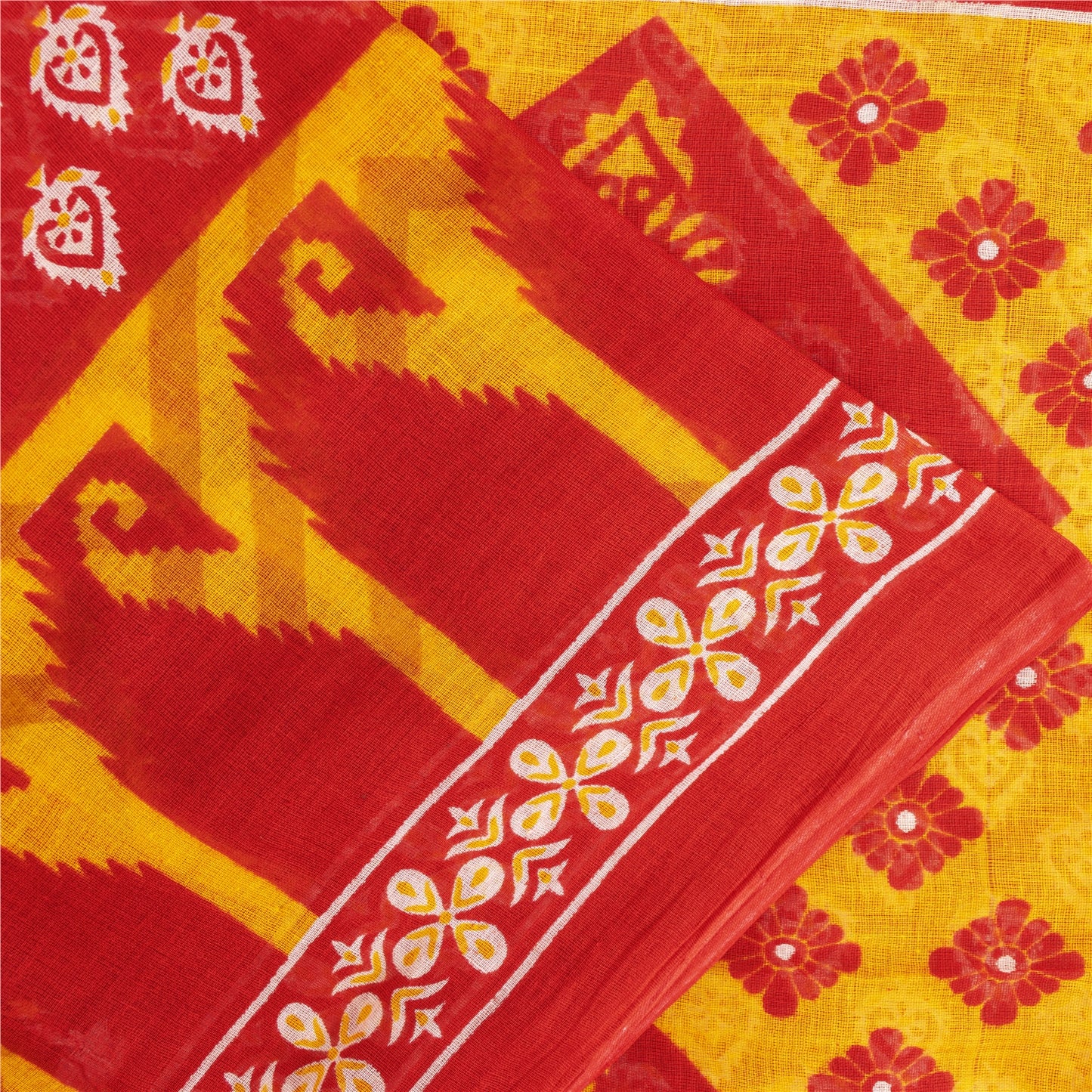 Sanskriti Vintage Sarees Indian Yellow & Red Pure Cotton Print Sari Craft Fabric