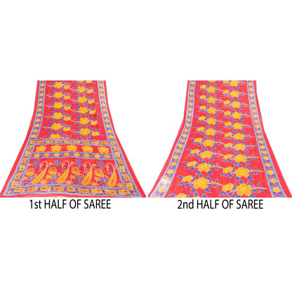 Sanskriti Vintage Sarees Indian Red Pure Cotton Printed Sari 5+yd Craft Fabric