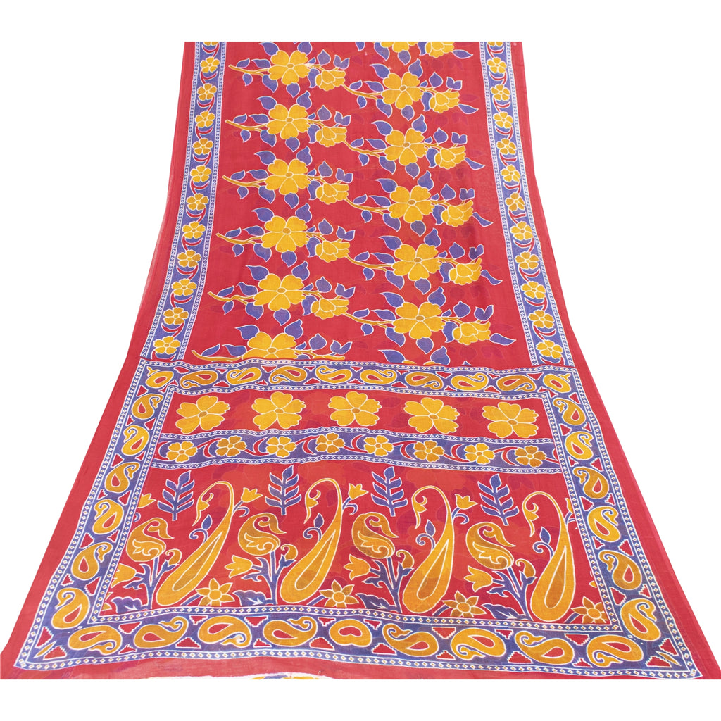 Sanskriti Vintage Sarees Indian Red Pure Cotton Printed Sari 5+yd Craft Fabric