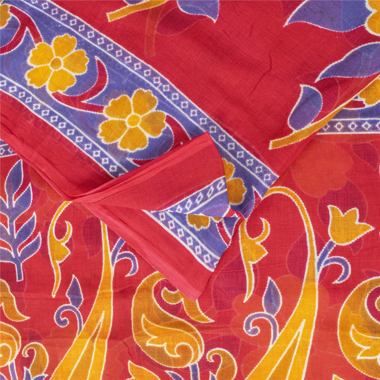 Sanskriti Vintage Sarees Indian Red Pure Cotton Printed Sari 5+yd Craft Fabric
