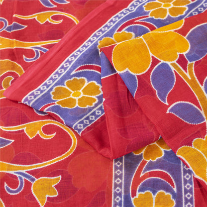 Sanskriti Vintage Sarees Indian Red Pure Cotton Printed Sari 5+yd Craft Fabric