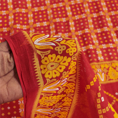 Sanskriti Vintage Sarees Red & Yellow Pure Cotton Printed Sari 5+yd Craft Fabric