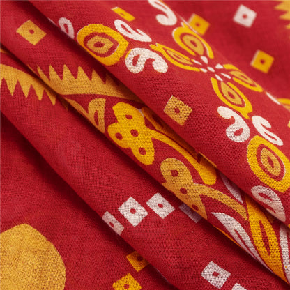 Sanskriti Vintage Sarees Red & Yellow Pure Cotton Printed Sari 5+yd Craft Fabric